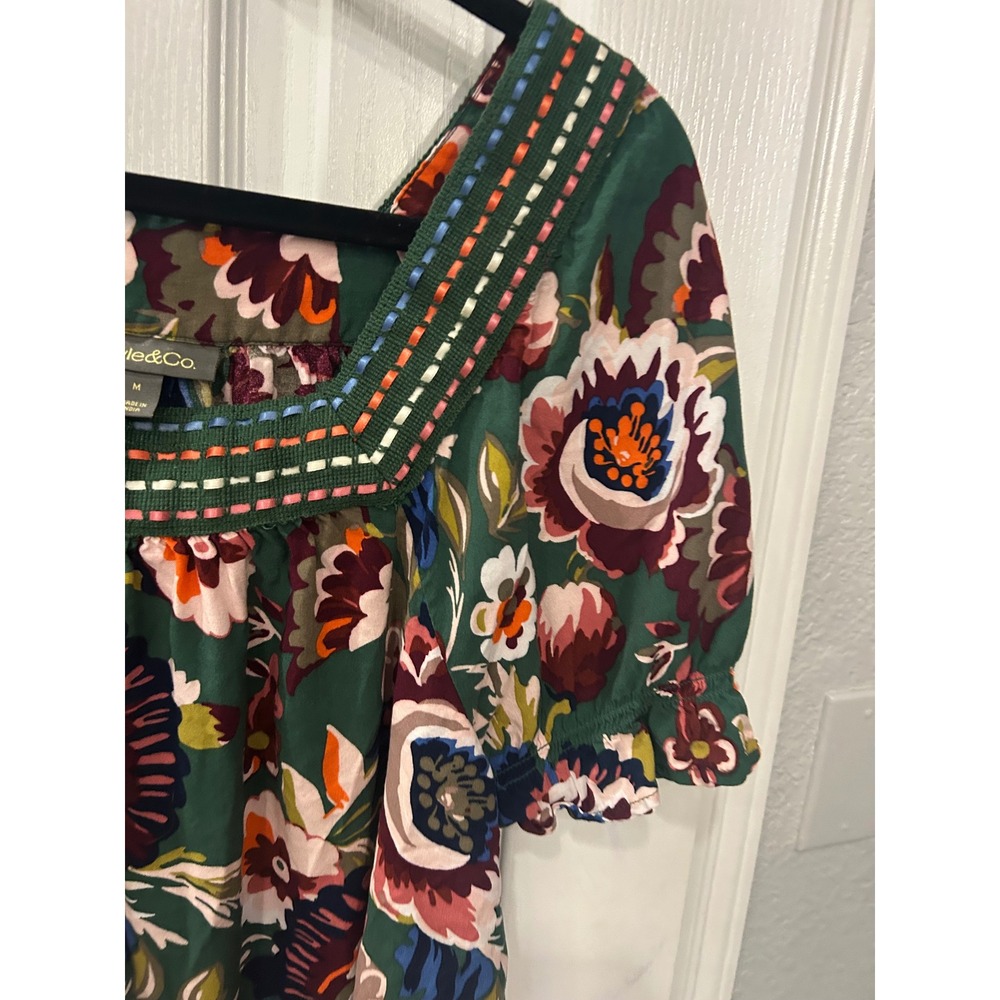 Style & Co Blouse Green Floral Embroidered Square Neck Puff Sleeve Boho Top - Picture 2 of 6